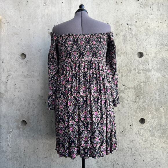 Torrid 0X Purple Pink Floral Off Shoulder Romantic Boho Bell Sleeve Dress - Picture 7 of 16